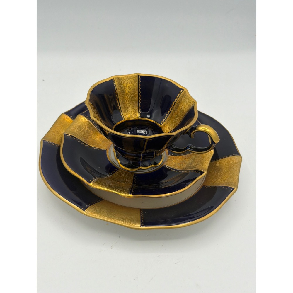 Vtg Lindner Küps Bavaria Echt Cobalt Gold Demitasse Trio Cup Saucer Plate MCM - Picture 2 of 5